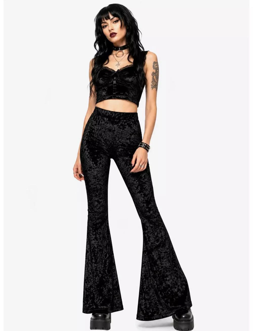 Hot Topic Black Crushed Velvet Bell Bottom Flare Pants Goth Witchy Grunge